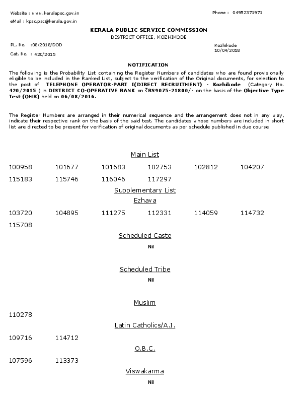 Telephone-Operator-Dcb-Kozhikkode-Probability-List